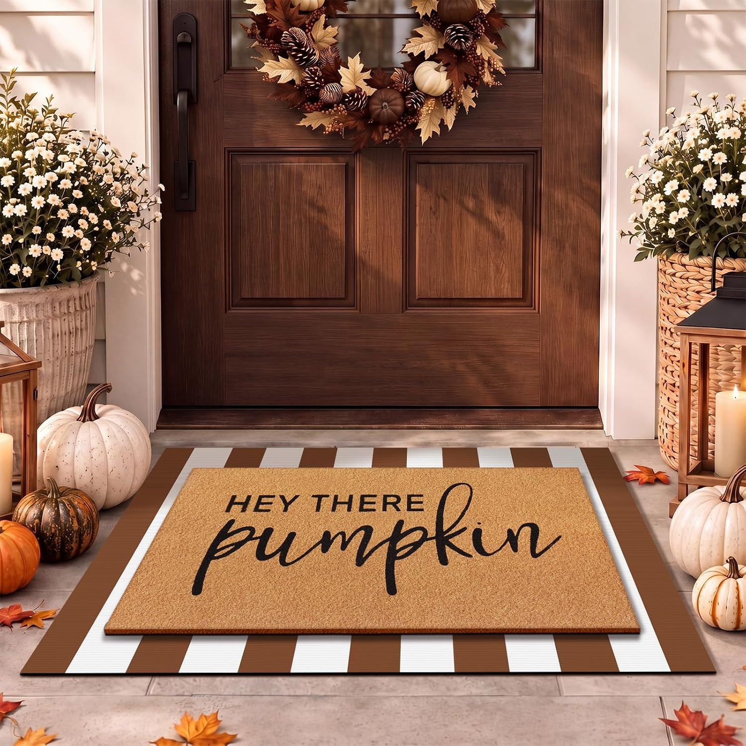 Drydiet 2 Pcs Fall Layered Doormat Set, Stripe, Medium, Dark Brown | Amazon (US)