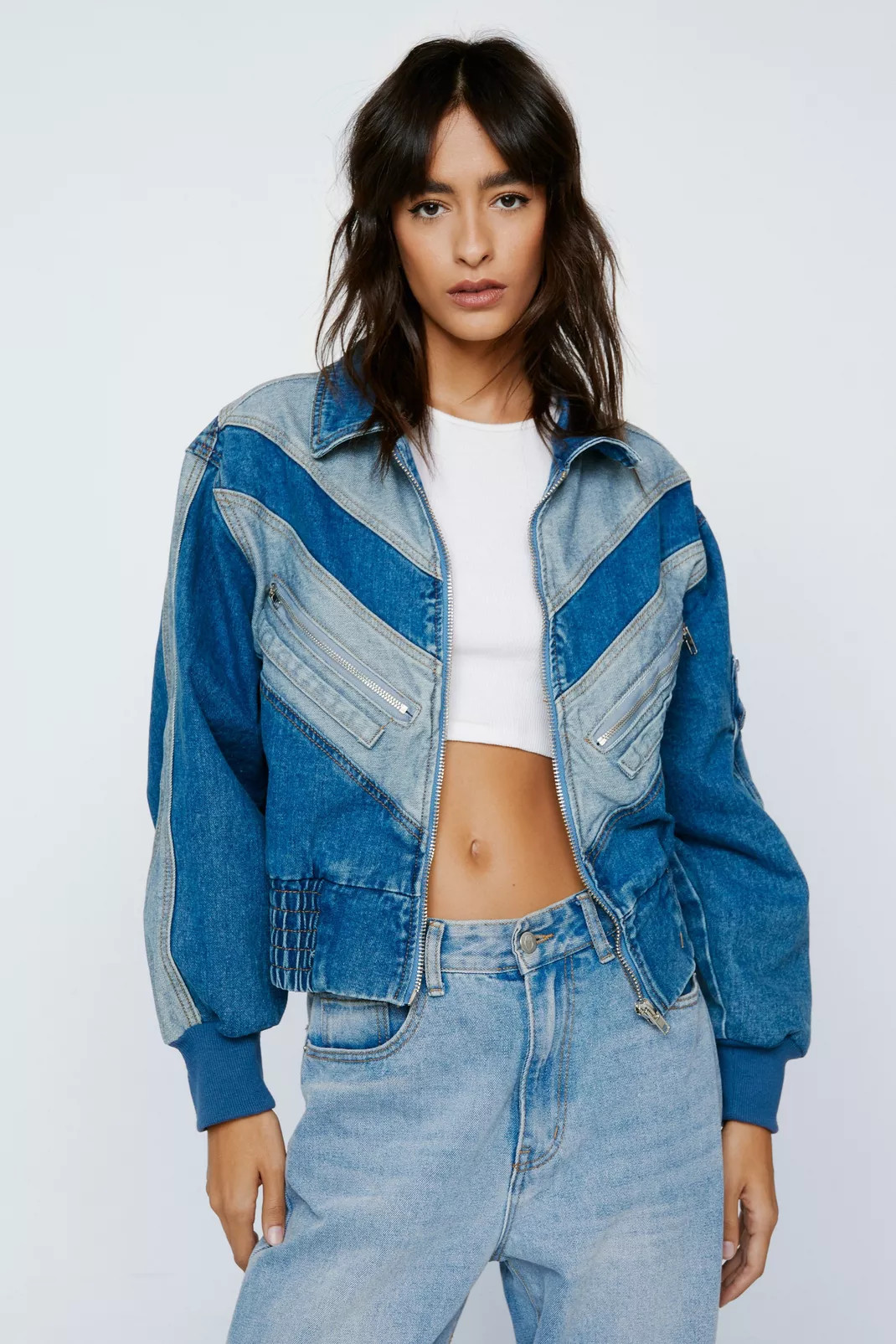 Color Block Zip Detail Denim Bomber Jacket | Nasty Gal US