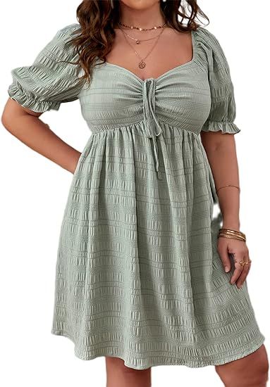 SOLY HUX Womens Plus Size Summer Dresses Sweetheart Neck Puff Short Sleeve Tie Front Swing A Line... | Amazon (US)