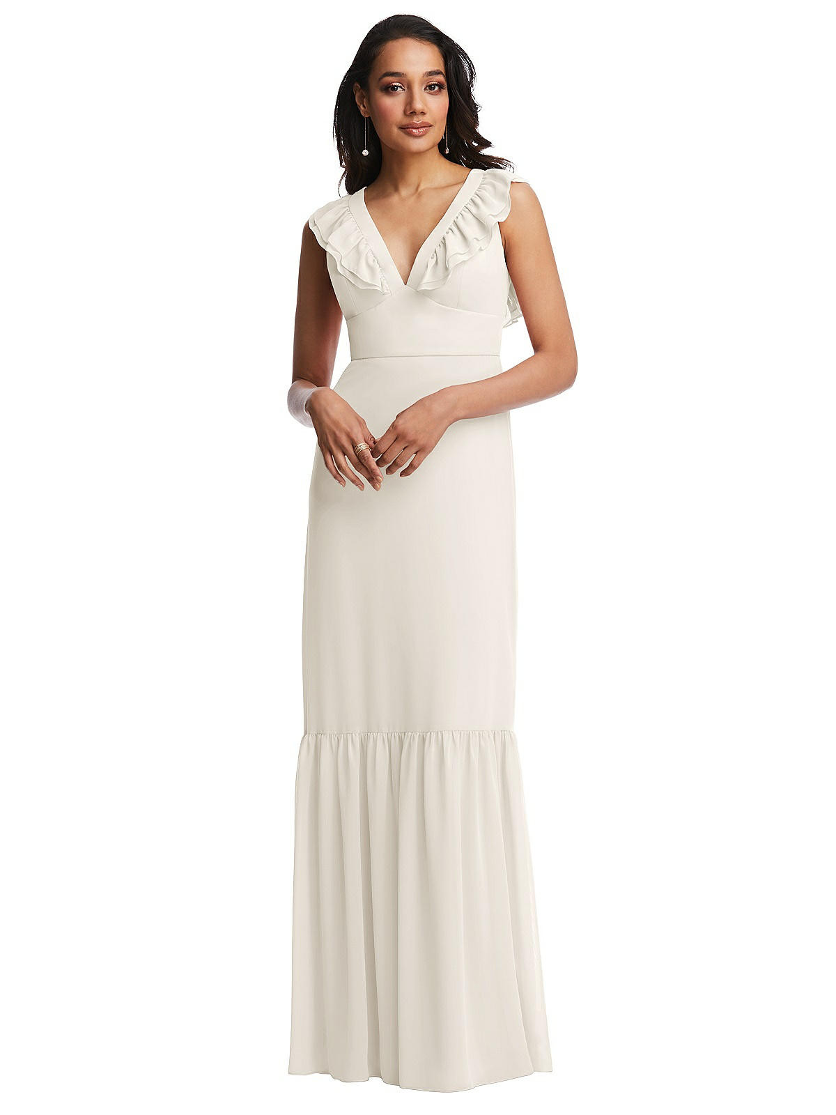 Tiered Ruffle Plunge Neck Open-Back Maxi Dress with Deep Ruffle Skirt in Ivory | The Dessy Group
