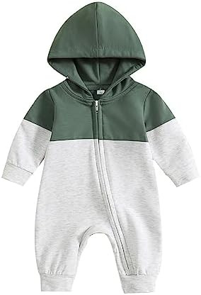 BemeyourBBs Newborn Baby Boy Clothes Color Block Long Sleeve Zipper Hooded Romper with Pocket Fal... | Amazon (US)