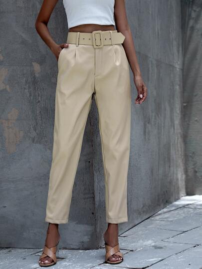Solid Belted PU Leather Pants | SHEIN