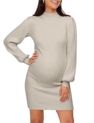 Lueluoye Fall Maternity Clothes Maternity Sweater Dress Women's Knit Pullover Sweater Maternity Mock Neck Puff Sleeve Dress for Baby Shower Light Gray S | Amazon (US)