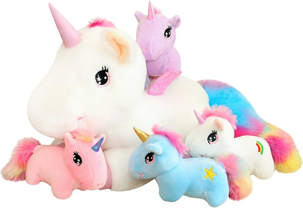 SQEQE Cute Unicorn Stuffed Animals with 4 Babies in Her Tummy, Rainbow Flying Unicorn Plush Pillo... | Amazon (US)
