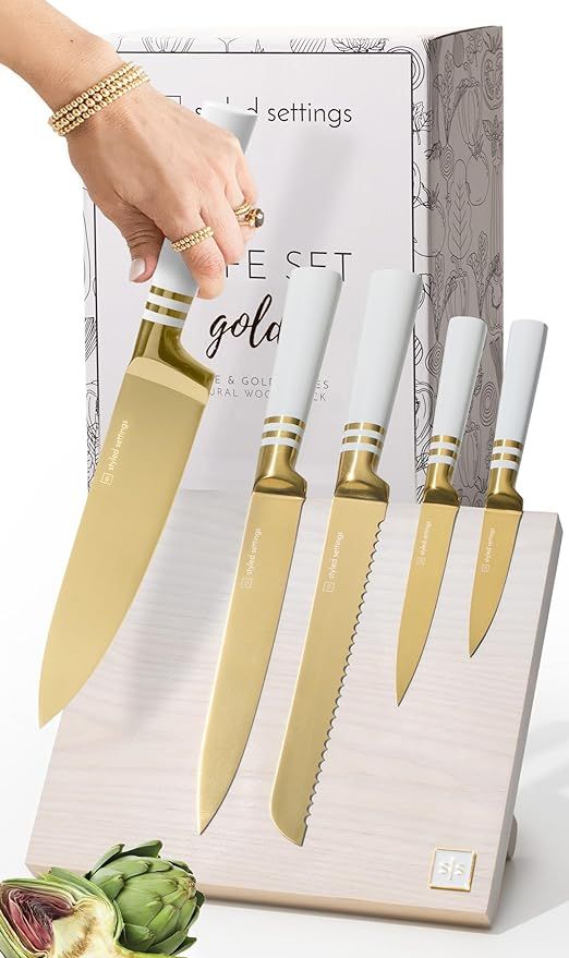 White and Gold Knife Set with Block- 6 PC White and Gold Kitchen Knife Set with Magnetic Knife Ho... | Amazon (US)