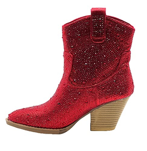 FOREVER Women Rhinestone Block Chunky Heel Ankle Bootie River-01 Red 10,Red Rhinestone-01 | Amazon (US)