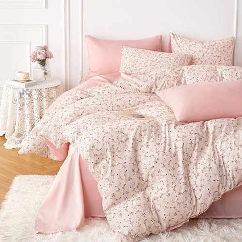 Wake In Cloud - Floral Comforter Set, Coquette Cottagecore Aesthetic Cute Flower Pattern for Women Teen Girls, Soft Lightweight Dorm Bedding, 3 Pieces, Dusty Pink, Queen Size | Amazon (US)