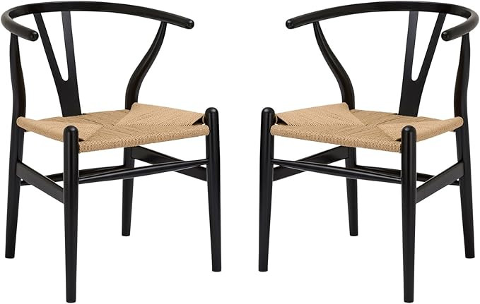 Poly and Bark Weave Modern Wooden Mid-Century Dining Chair, Hemp Seat, Black (Set of 2) | Amazon (US)