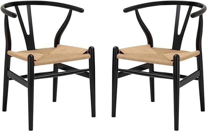 Poly and Bark Weave Modern Wooden Mid-Century Dining Chair, Hemp Seat, Black (Set of 2) | Amazon (US)