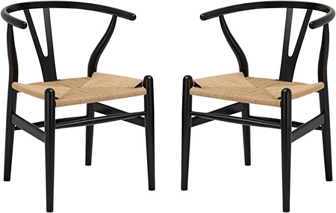 Amazon.com - Poly and Bark Weave Modern Wooden Mid-Century Dining Chair, Hemp Seat, Black (Set of... | Amazon (US)