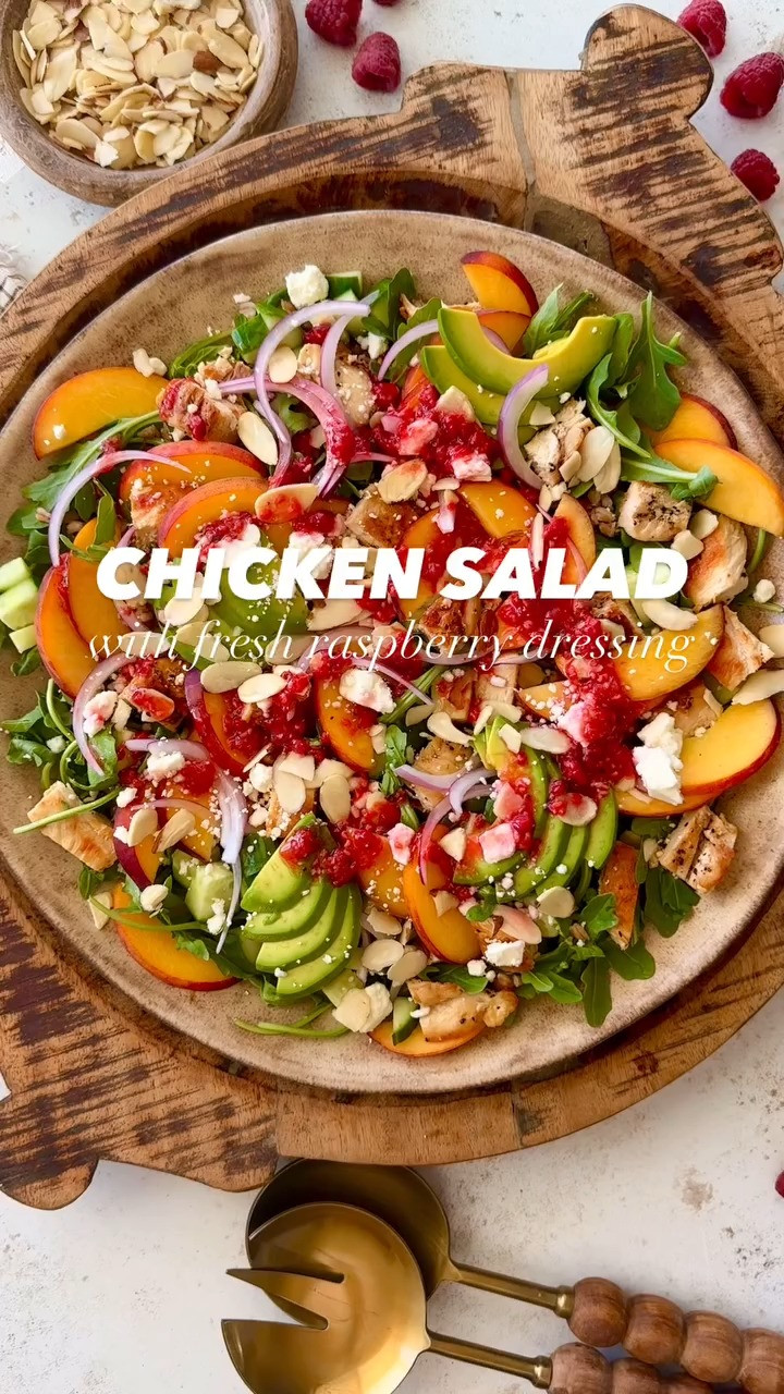 CHICKEN SALAD WITH FRESH RASPBERRY DRESSING

This fresh and vibrant summer chicken salad is loaded with juicy peaches, creamy avocado, hearty farro, feat, almonds, and a tangy homemade raspberry dressing. It’s easy to throw together, full of texture and flavor, and perfect for lunches, light dinners, or taking to potlucks and parties!🥬🍑🥑
Full recipe on my blog: https://www.twopeasandtheirpod.com/chicken-salad-raspberry-dressing/ 

 #LTKHome #LTKFindsUnder50 #LTKFindsUnder100
