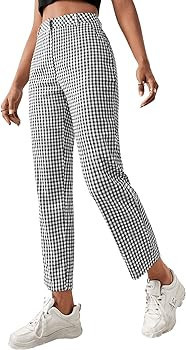 SweatyRocks Women's High Waisted Plaid Straight Leg Cropped Pants Gingham Trousers with Pockets | Amazon (US)