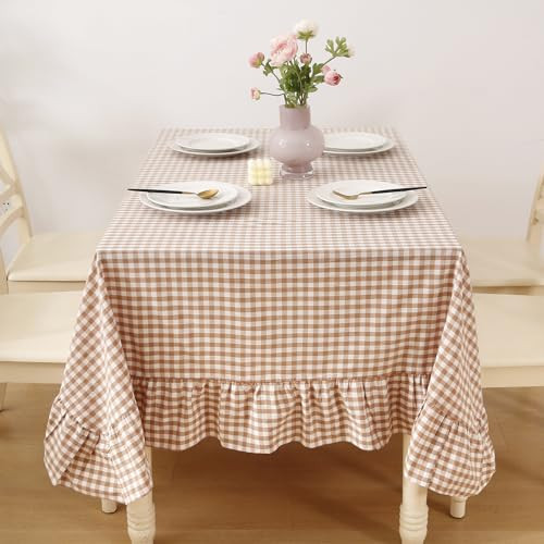 K MASANIJI Taupe Plaid Ruffled Table Cloth for Rectangle Table Seat 4-6, 100% Washed Cotton Brown Classic Farmhouse Fall Checker Gingham Vintage Decorative Tablecloth - 70"x52" | Amazon (US)