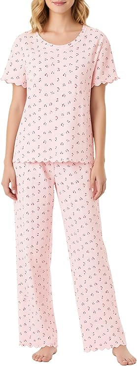 EUZ Pointelle Ditsy Floral Pajama Set for Women - 2 Piece Short Sleeve & Wide Leg Loungewear Pant... | Amazon (US)
