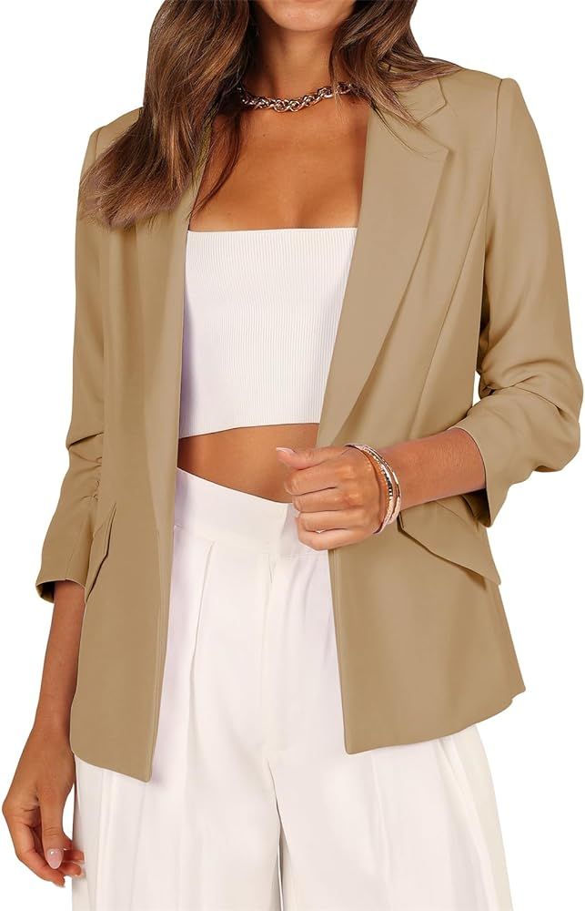 Cicy Bell Women's Casual Blazer Jackets Ruched 3/4 Sleeve Open Front Cardigan Work Office Blazers | Amazon (US)
