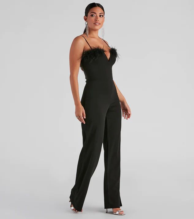 Diva Night Marabou Trim Jumpsuit | Windsor Stores