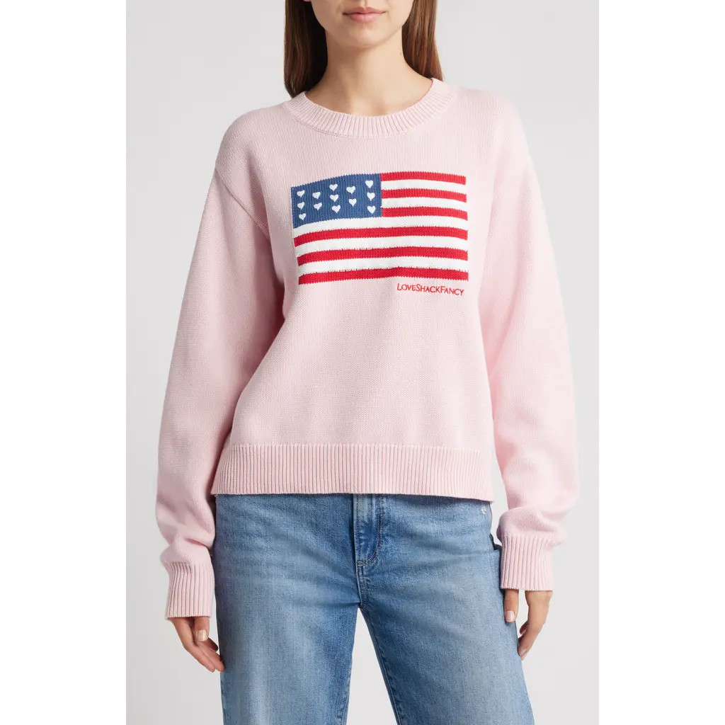 LoveShackFancy Ty Intarsia Flag Cotton Crewneck Sweater in Blushing Liberty at Nordstrom, Size Small | Nordstrom