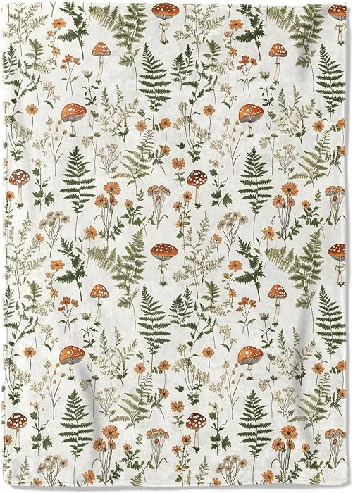 Botanical Fleece Blanket - 60x80in Mushroom Fern Wildflower Throw Blankets,Soft Cozy Lightweight,... | Amazon (US)