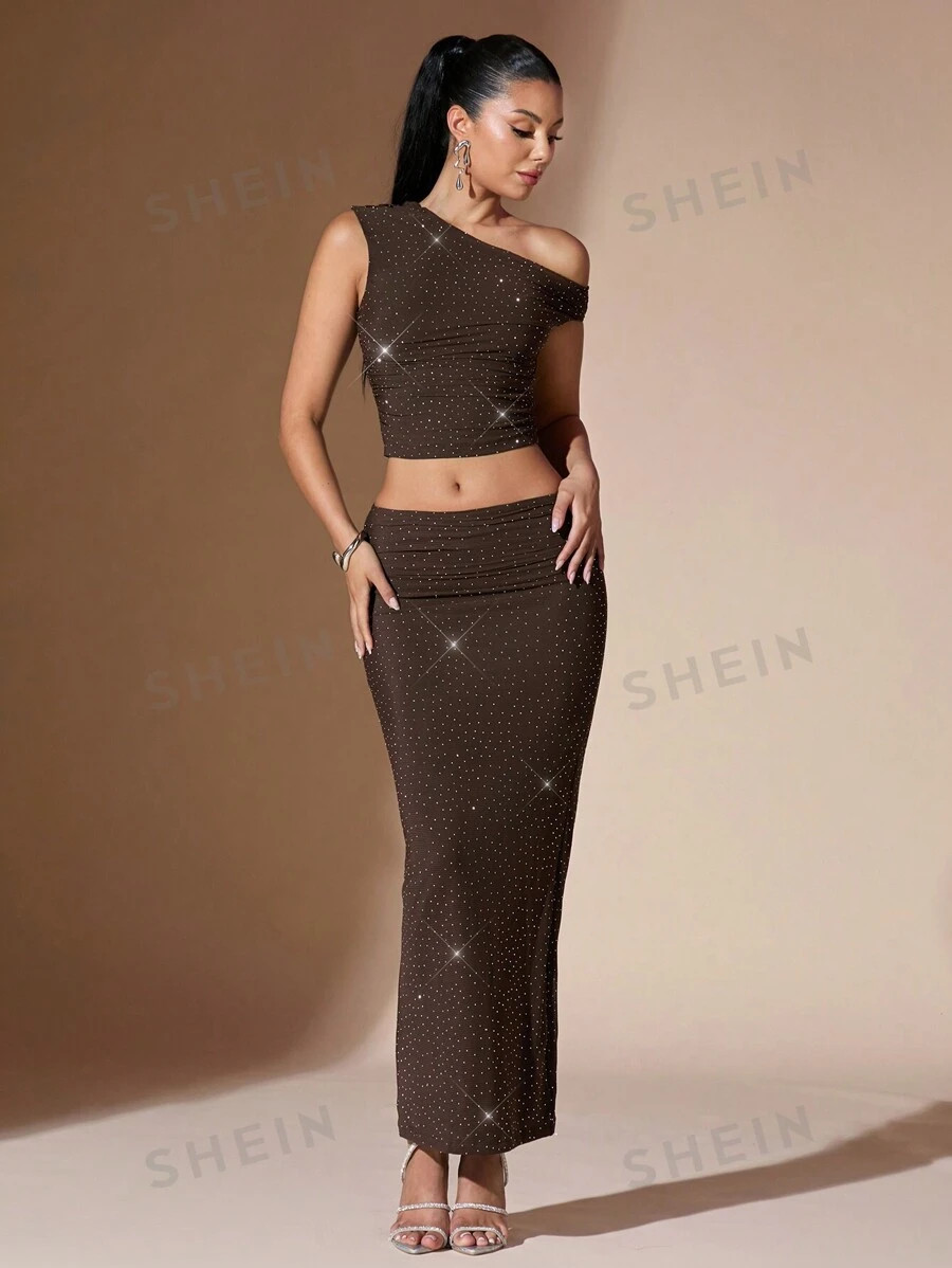 SHEIN BAE Women's 2pcs Set - Brown Solid Color Asymmetric Cold Shoulder Glitter Rhinestone Short ... | SHEIN
