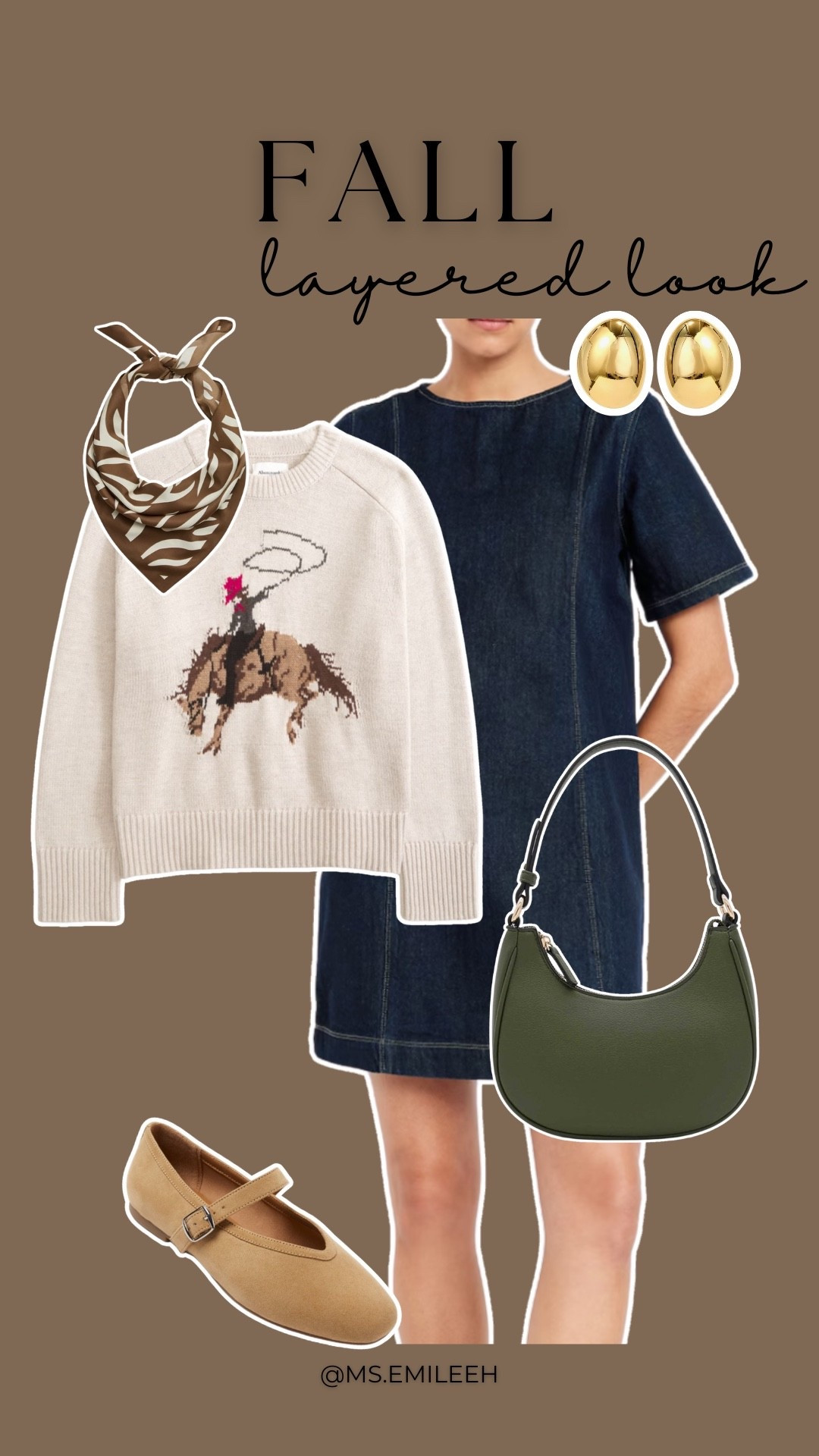 Fall layers you need 🍂 This cozy cowboy graphic sweater + denim mini dress combo is the ultimate fall layered outfit. Styled with chic Mary Jane flats, a green shoulder bag, and gold statement earrings — the perfect mix of trendy + timeless. ✨

#LTKShoeCrush #LTKSeasonal #LTKStyleTip
