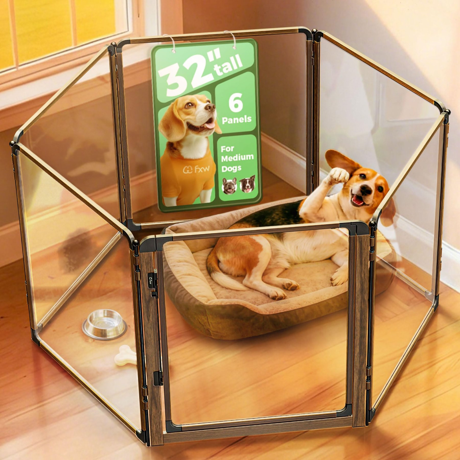 FXW Metal Indoor Dog Playpen, Wooden, 32-in, 6-acrylic panel | Chewy