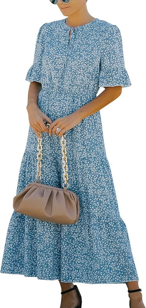 Angashion Women's Dress Summer High Waist Short Sleeves Boho Floral Ruffle Tiered Maxi Dresses | Amazon (US)