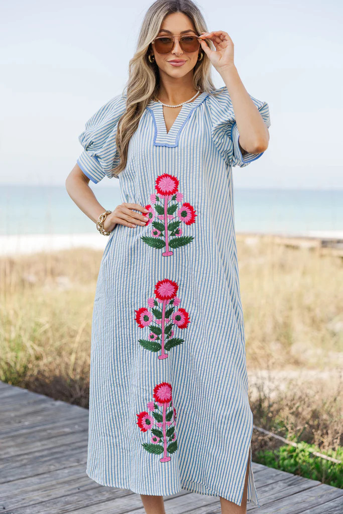Simple And Styled Blue Embroidered Midi Shift Dress | The Mint Julep Boutique