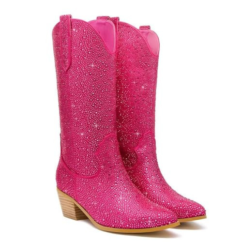 GOSERCE Pink Rhinestone Cowboy Boots Mid Calf Sparkly Cowgirl boots for Women Pointed Toe Low Chunky Stacked Heel 5cm Pull On Tabs Shiny Sparkle Glitter Fashion Party Retro Classic Vintage Fuchsia,9 | Amazon (US)