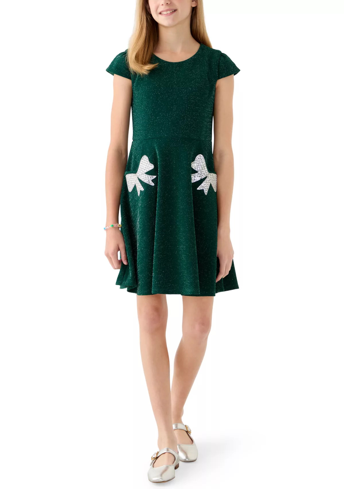 Girls 7-16 Green Sparkle Bow Skater Dress | Belk