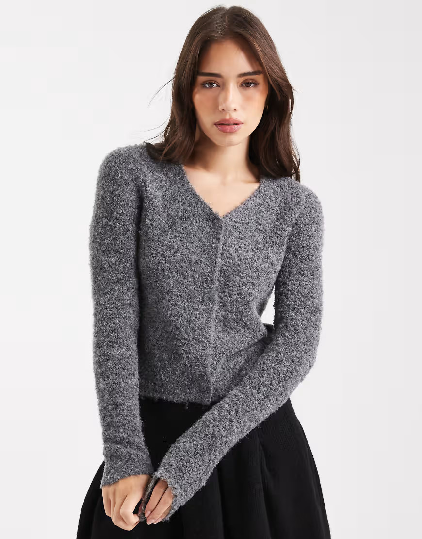 ASOS DESIGN neat fit v neck boucle cardigan in charcoal-Gray | ASOS (Global)