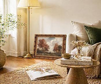 Vintage Gold Framed Autumn Landscape Wall Art - Rustic Moody Fall Trees Countryside Painting, Ant... | Amazon (US)