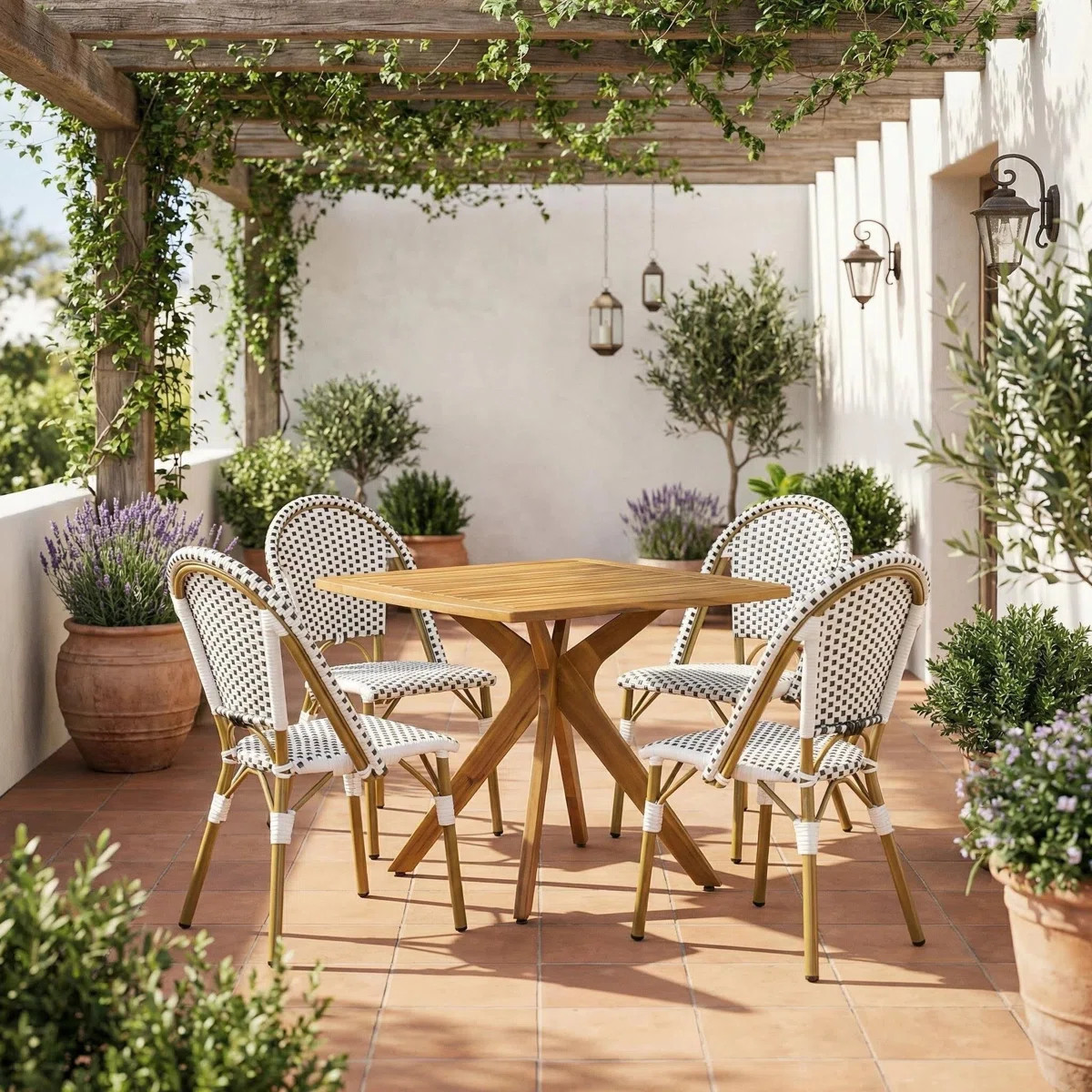 Callimont French Bistro Aluminum & Acacia Wood Patio Dining Set With Woven Rattan Chairs And Squa... | Wayfair North America