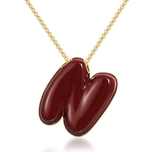 KissYan Bubble Letter Necklace, 14K Gold Plated Enamel Initial Pendant Box Chain Necklace Dainty Alphabet Jewelry for Women(Red N) | Amazon (US)