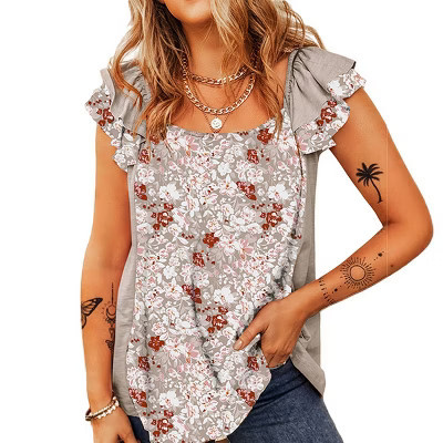 Womens Ruffled Sleeve Tops Cap Sleeve Casual Floral Blouse Square Neck Open Back Tank Tops Summer Lounge Tops with Ruffle Cap Sleeve,Light Gray - L | Target