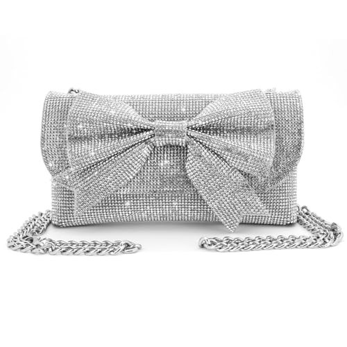 WURUCIA Womens Evening Bag Sparkling Bow Clutch Purses, Crystal Bow Flap Clutch Purse for Women, Women Evening Handbag Glitter Rhinestone Party Purses for Dinner Party Prom Wedding Cocktail, Silver | Amazon (US)
