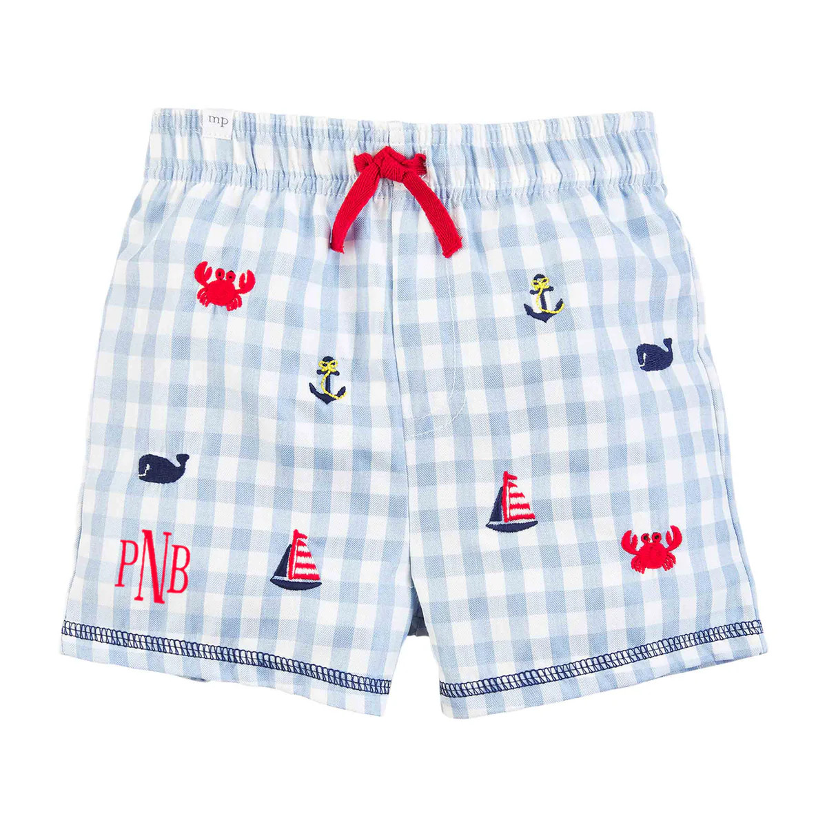 Nautical Gingham Boys Swim Trunks I Crab, Sailboat, Whale, Anchor | Classic Whimsy