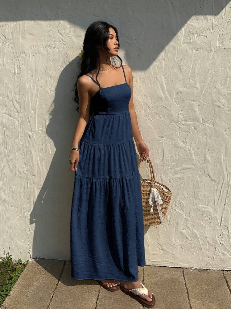 Sunnyshic Light Peach Textured Fabric Gathered Elastic Waist Sleeveless Loose Dress, Vacation Style | SHEIN