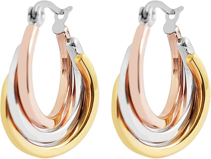 Edforce Women's Stainless Steel Overlapping Triple Hoop Earrings, (25mm-35mm) | Amazon (US)