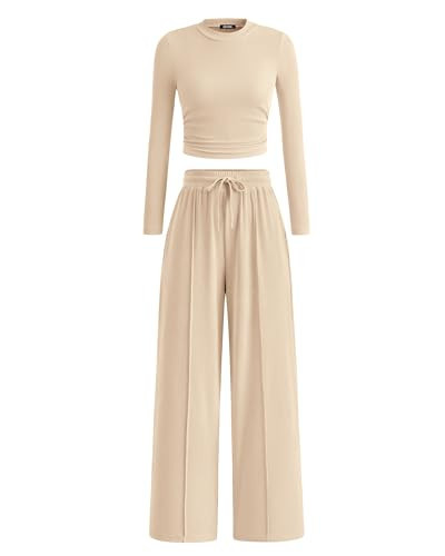 BTFBM Casual 2 Piece Sets For Women Fall Outfits 2025 Ribbed Long Sleeve Crop Top Wide Leg Pants Matching Lounge Set(Beige, Large) | Amazon (US)
