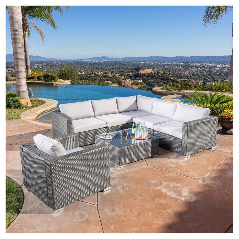 Santa Rosa 7pc Wicker Patio Seating Sectional Set with Cushions - Gray with Silver Gray Cushions - Christopher Knight Home, Grey | Target