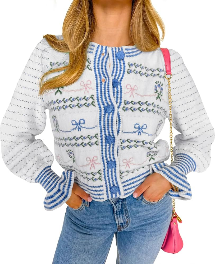 Saodimallsu Womens Cropped Cardigan Striped Puff Ruffle Sleeve Cute Graphic Button Bow Knitted Sw... | Amazon (US)