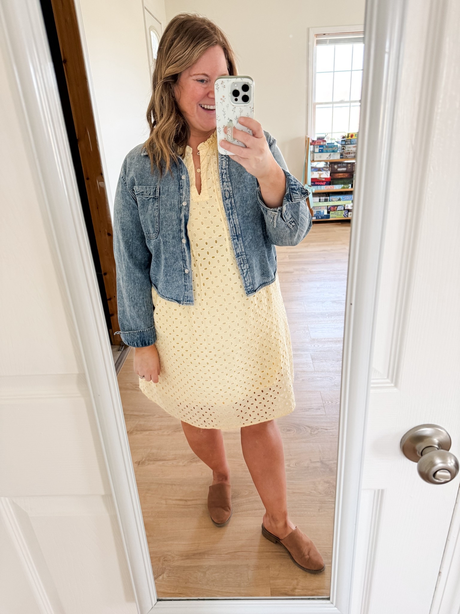 Teacher outfit! Wearing an XL in my eyelet dress - love the butter yellow! My cropped denim shirt is older so I linked a couple similar ones.  

#LTKWorkwear #LTKBump #LTKMidsize