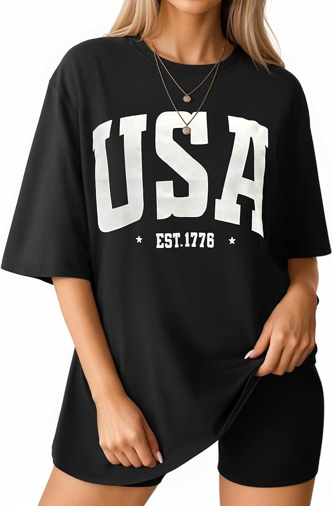 MANGOPOP Women's Oversized T Shirts Short Sleeve Crewneck Loose Fit Tops Summer Basic Tee | Amazon (US)