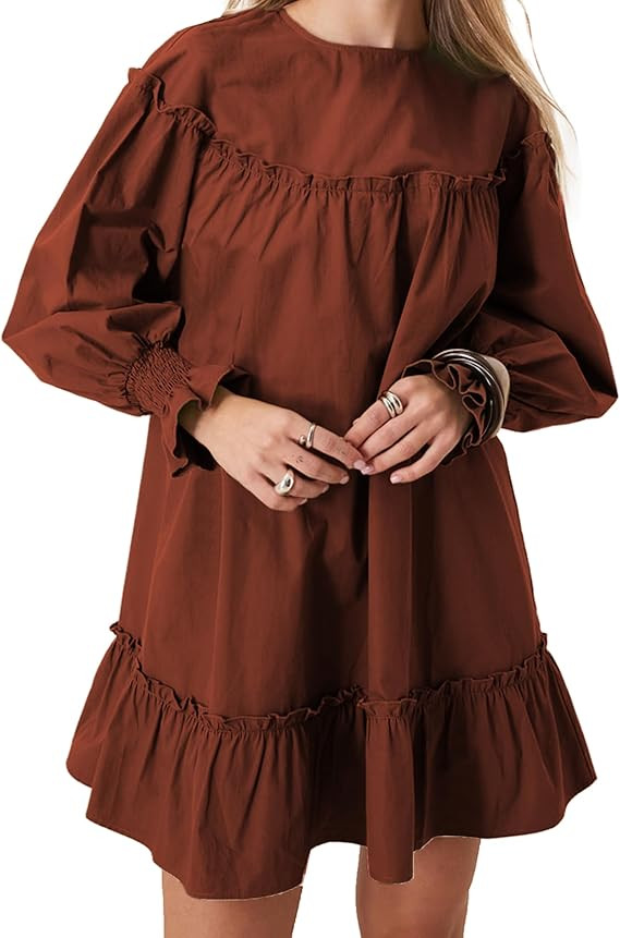Women’s Ruffle Hem Long Sleeve Babydoll Dress Loose Fit Round Neck Mini Tunic Casual Fall Outfi... | Amazon (US)