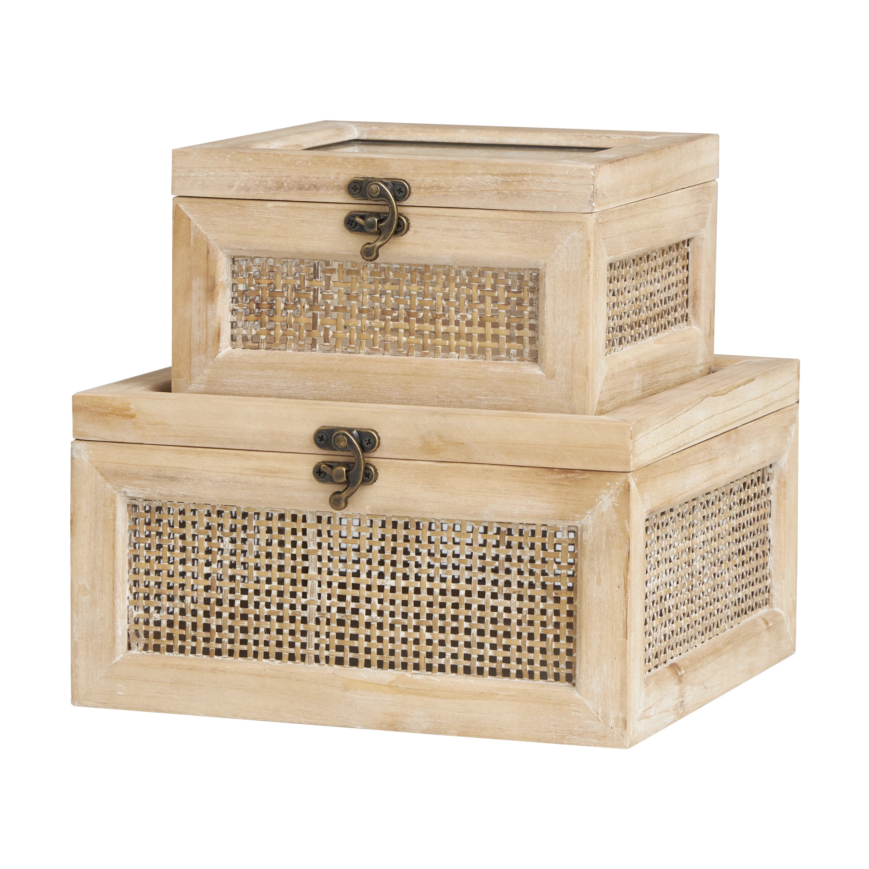 The Novogratz Glass Top Light Brown Wood Decorative Box with Rattan Side Panels and Bronze Hook C... | Walmart (US)