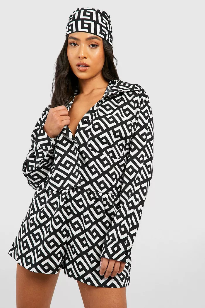 Petite Geometric Shirt Headscarf And Short Co-ord | Boohoo.com (UK & IE)