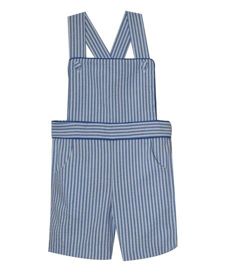 Blue & White Stripe Seersucker Suspender Shortalls - Infant | Zulily