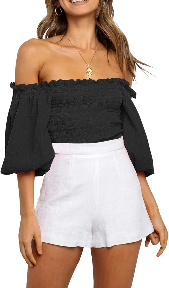 R.Vivimos Women's Summer Linen Short Sleeves Off The Shoulder Crop Tops Ruffle Slim Blouses | Amazon (US)