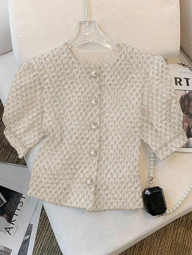 Franclia Women's Fashion Elegant Textured Button Puff Sleeve Blouse | SHEIN