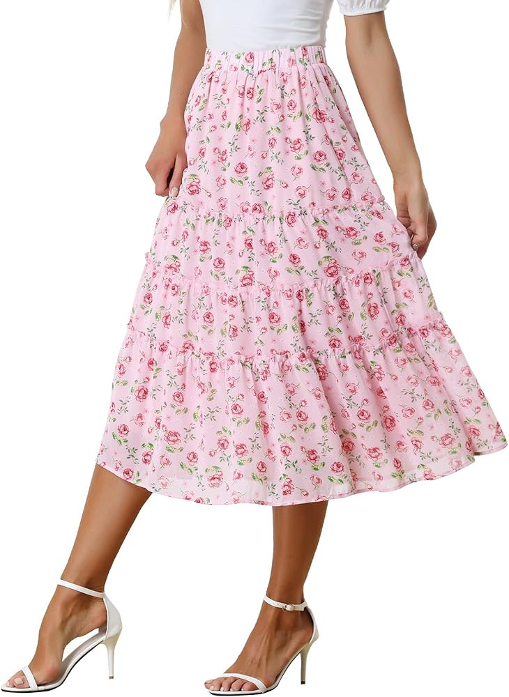 Allegra K Women's Floral Skirt Chiffon A-line Long Tiered Ruffle Boho Summer Midi Skirts | Amazon (US)